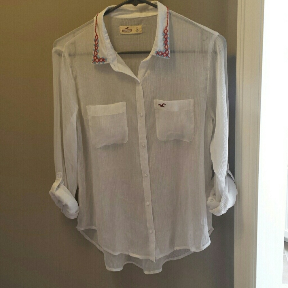⭐Sheer White Button Down Blouse with Beaded Collar